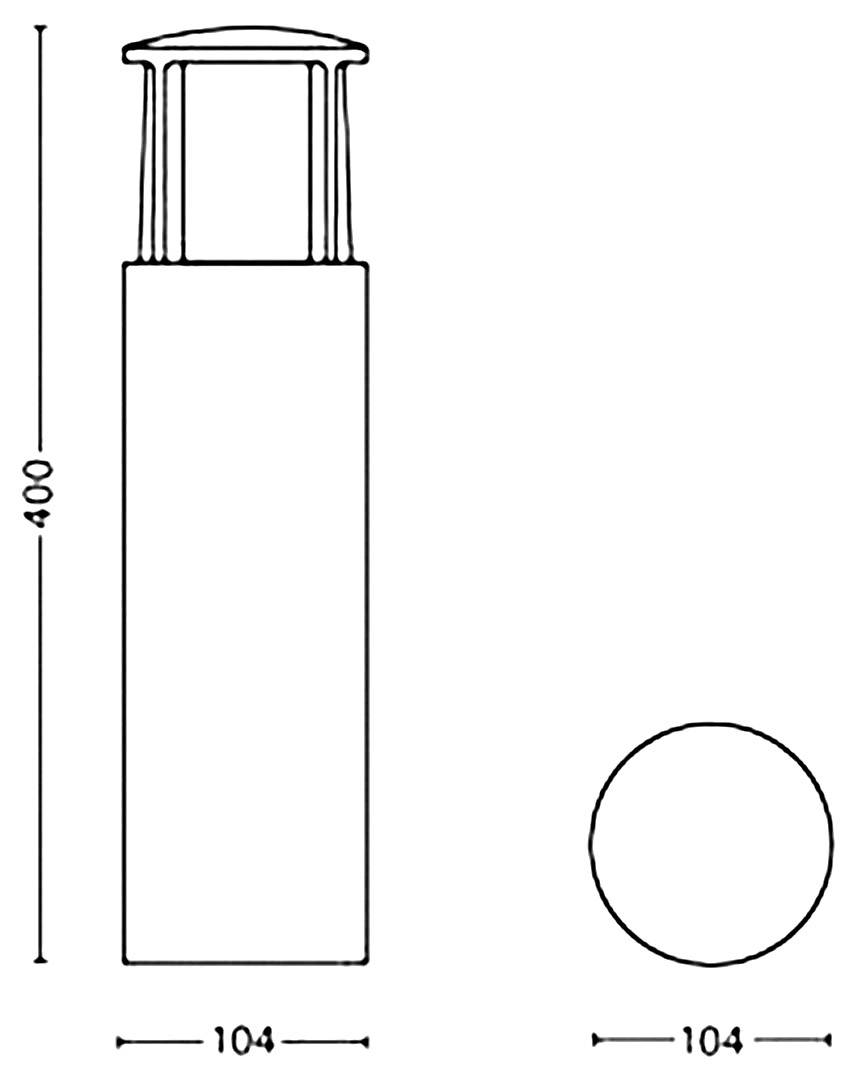 Náčrt válcového sloupu se střechou. Rozměry: výška 400 cm, průměr 104 cm. Pohled shora ukazuje horní kruhový průřez.