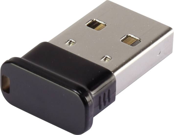 Malý USB dongle s černou plastovou základnou a kovovými kontaktními body pro bezdrátové připojení.