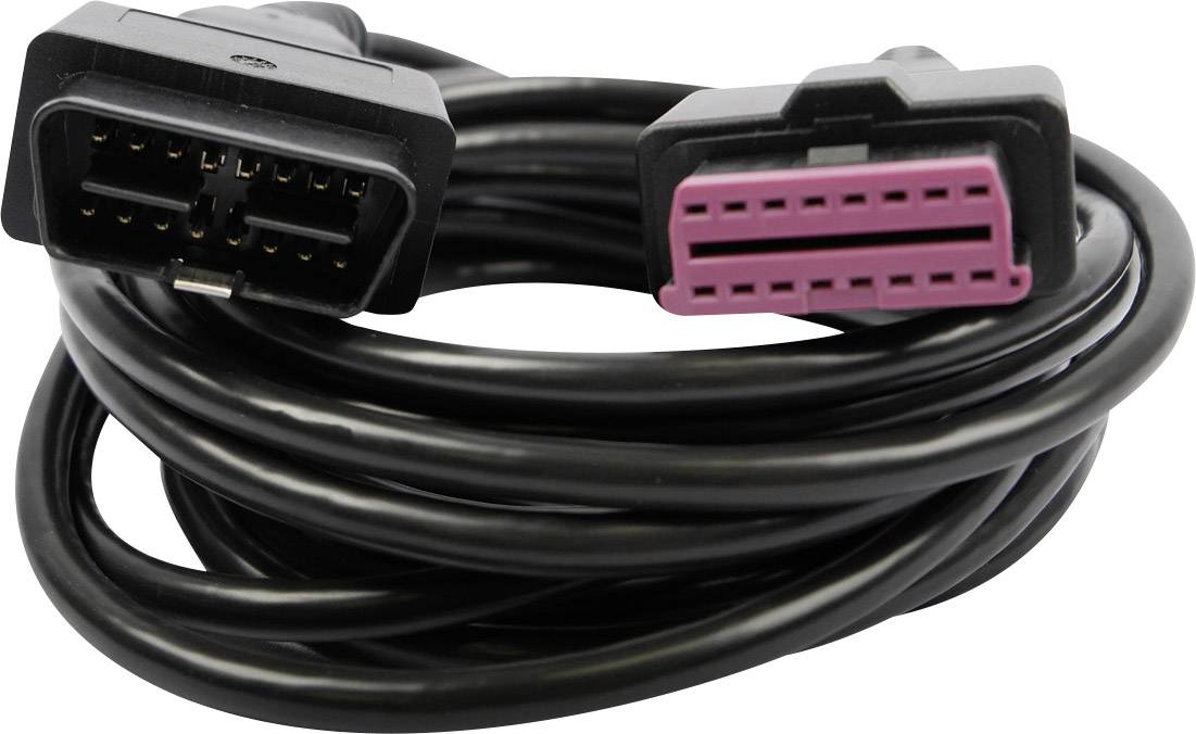 Černý kabel se dvěma konektory, jedním širokým obdélníkovým a druhým užším s růžovou vnitřní stranou, je svinutý do klubíčka.