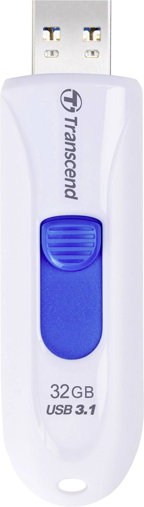 USB flash disk s kapacitou 32 GB a technologií USB 3.1, bílý s modrým posuvným ovladačem, značky Transcend.