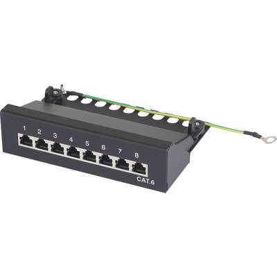 Černý patch panel CAT.6 s osmi očíslovanými ethernetovými porty, vhodný pro síťové připojení, s žlutým a zeleným uzemňovacím kabelem.