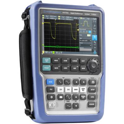 Přenosný osciloskop s barevným displejem. Zobrazuje žluté a zelené průběhy signálu, menu v angličtině, řada tlačítek pro ovládání.