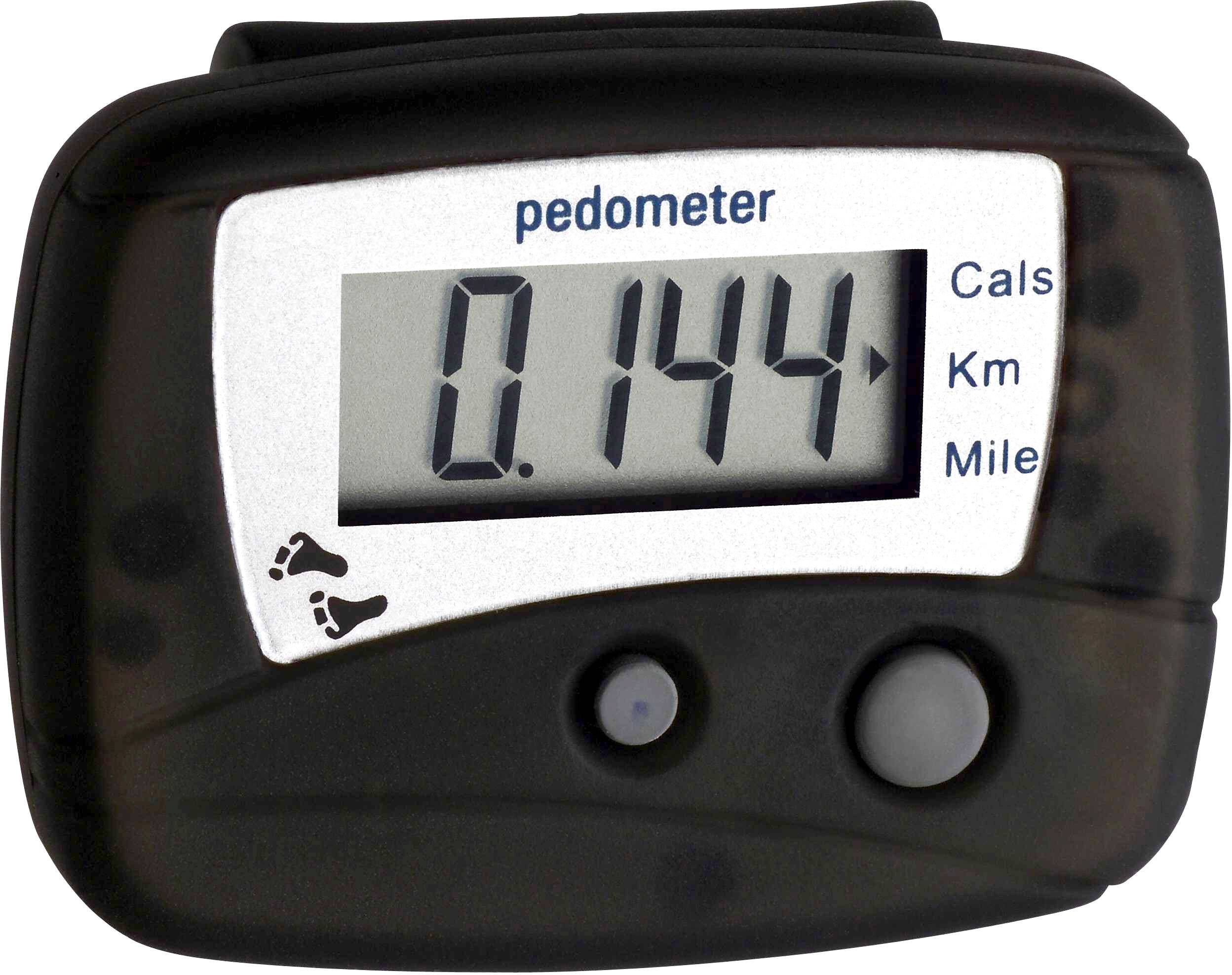 Černý krokoměr ukazuje '0,144' míle. Na pravé straně jsou zkratky 'Cals', 'Km' a 'Mile'.