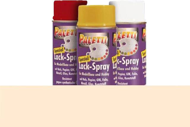 Tři plechovky sprejového laku v červené, žluté a bílé barvě. Nápis: 'Paletti Spezial Lack-Spray'. Vhodné pro dřevo, papír, sklo a plast.