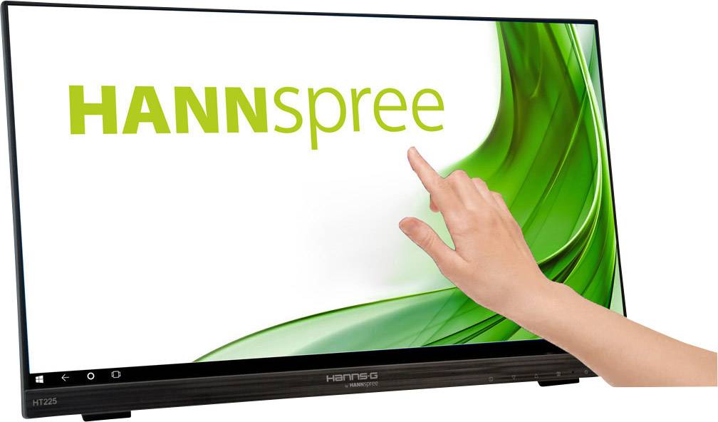 Prst se dotýká dotykové obrazovky monitoru HANNspree se zeleným designem, který zobrazuje firemní logo.