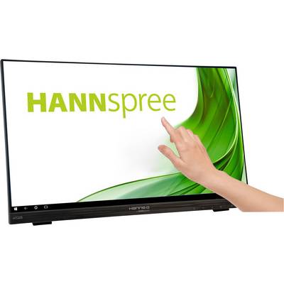 Prst se dotýká dotykové obrazovky monitoru HANNspree se zeleným designem, který zobrazuje firemní logo.