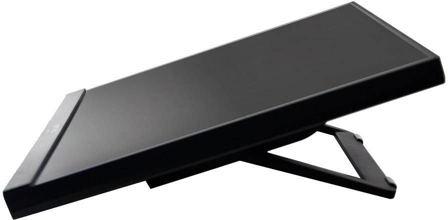 Černý kovový stojan na laptop s nastavitelným úhlem, který poskytuje stabilní oporu pro ergonomickou práci u psacího stolu.