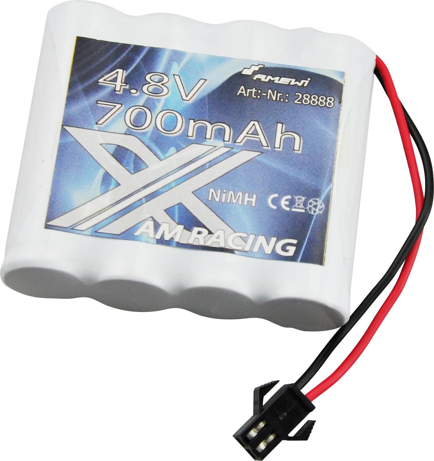 Bílá baterie s černým a červeným kabelem, označená '4.8V 700mAh NiMH'.