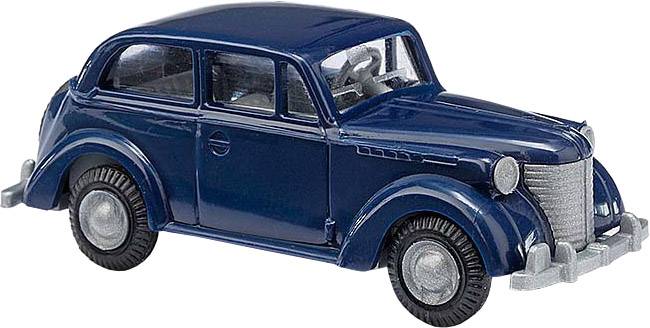 Tmavě modré hračkové auto znázorňující klasický čtyřdveřový veterán s detailními prvky, jako jsou světlomety a kola.