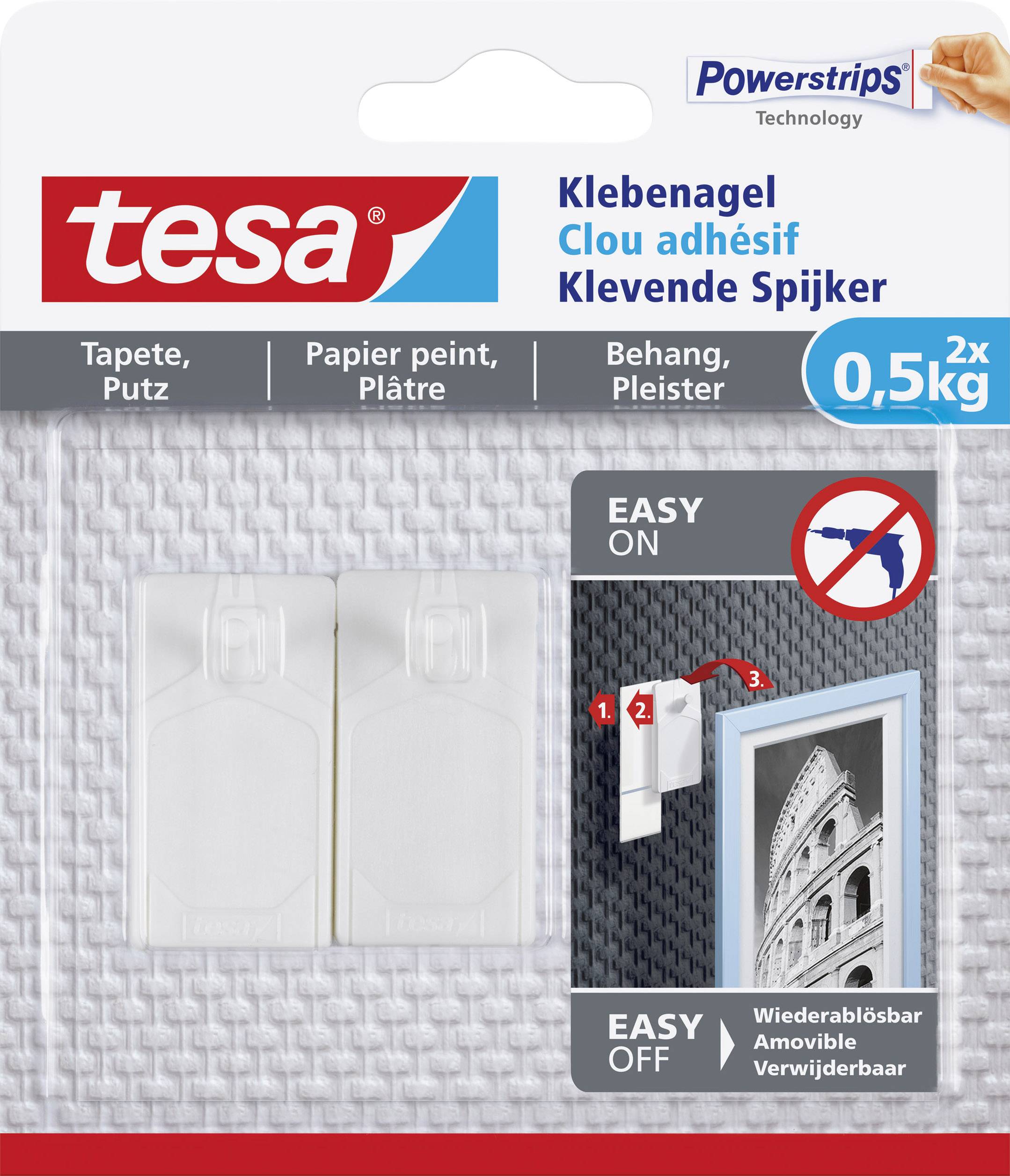 Balení nálepných hřebíků Tesa, vhodné pro tapety a omítku, zatížení až 0,5 kg. Obsahuje dva nálepné hřebíky s návodem.