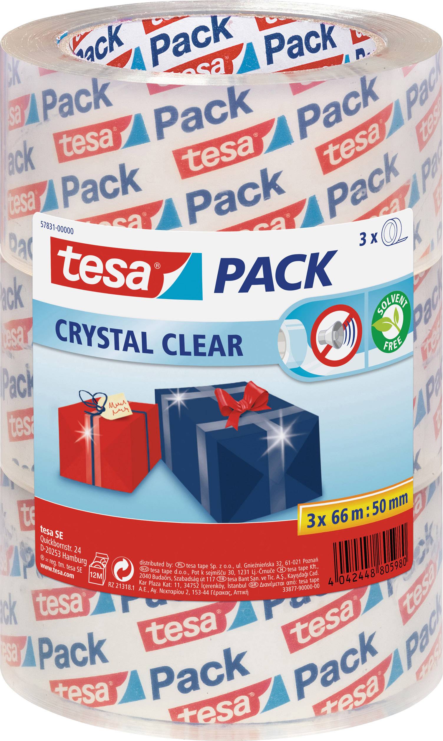 Tři role průhledné lepicí pásky Tesa „Crystal Clear". Design obalu zobrazuje dárkové mašle, symbol snížení hlučnosti a označení bez obsahu rozpouštědel.