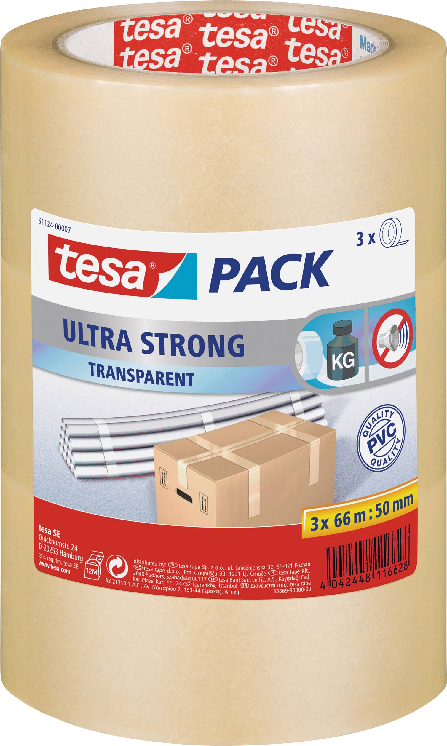 Balicí páska 'tesa Ultra Strong', transparentní, vhodná pro těžké balíky. Role o délce 66 m a šířce 50 mm.