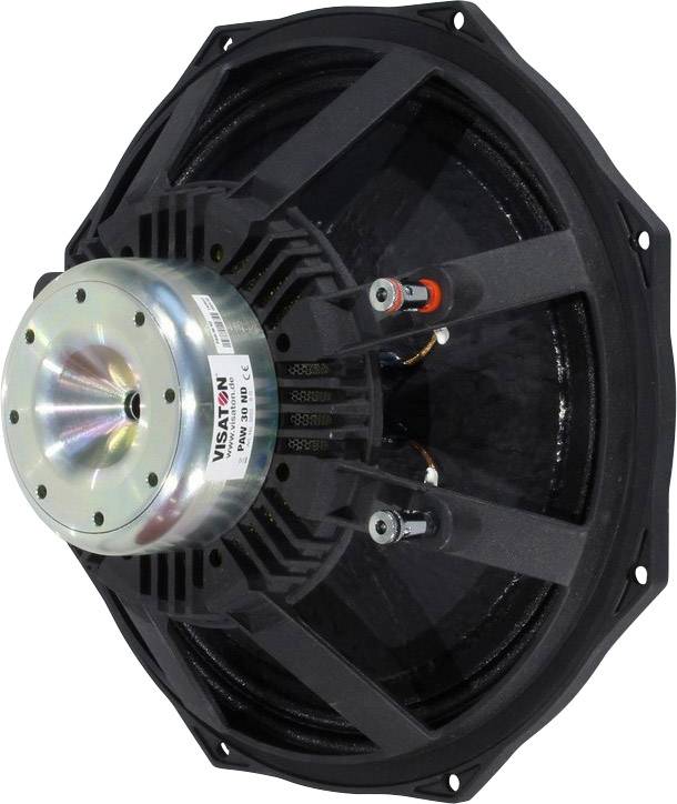 Velký reproduktor s černým tělem a stříbrnou připojovací oblastí, vhodný pro instalaci do audiosystémů.