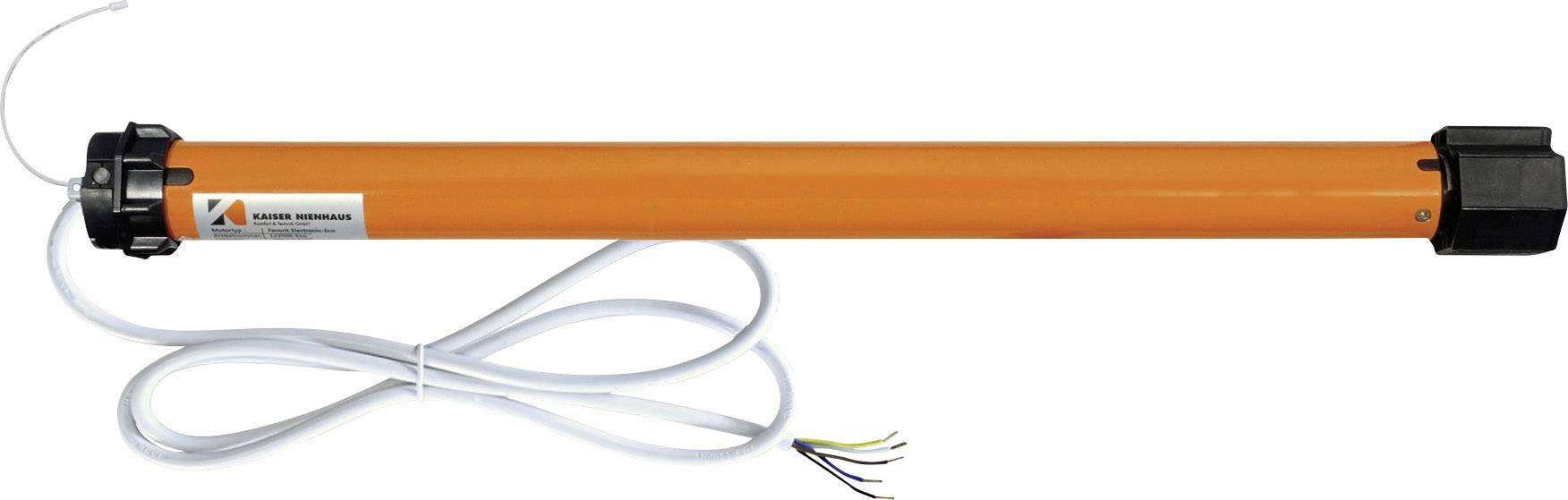 Oranžový trubkový motor s kabely a připojovacími vodiči, často používaný pro pohon rolet nebo markýz.