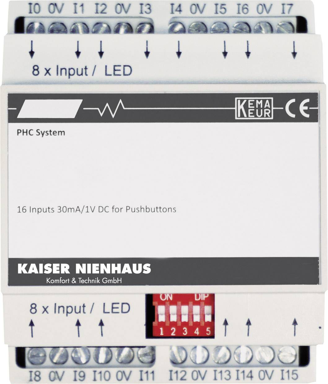 Systém PHC se 16 vstupy, 30mA/1V DC pro tlačítka. Kaiser Nienhaus Komfort & Technik GmbH. Připojení nahoře a dole.