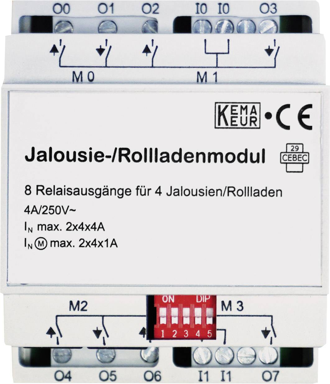 Modul žaluzií/rolet s 8 reléovými výstupy pro 4 žaluzie/rolety, 4A/250V~. Přepínač pro nastavení je rozpoznatelný.