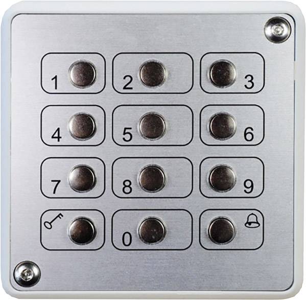 Kovová numerická klávesnice s čísly od 0 do 9 a dvěma symboly: klíč a zvon. Používá se pro zadávání kódu.