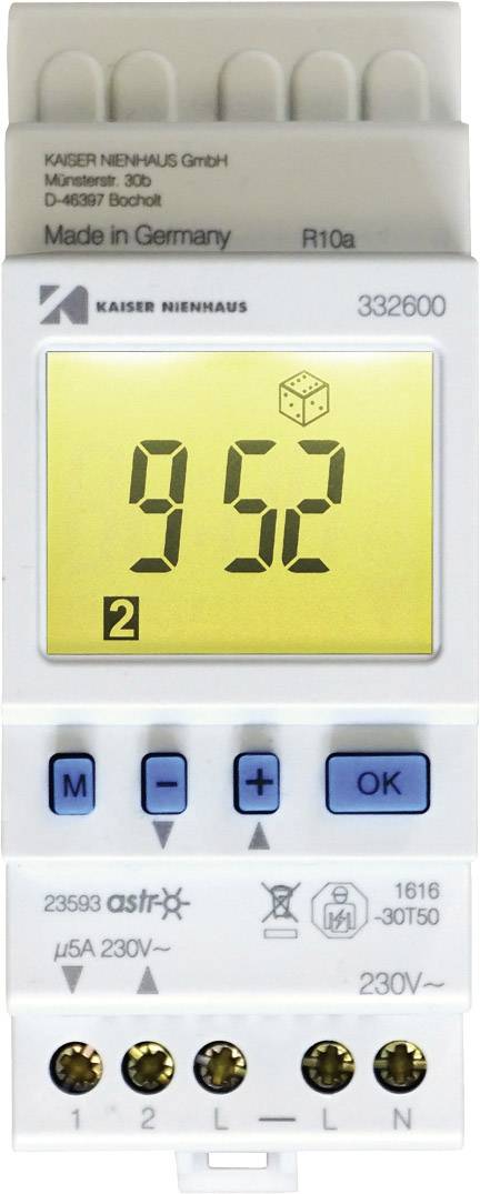 Elektronický timer s digitálním displejem zobrazuje '9:52'. Název značky 'Kaiser Nienhaus' a číslo modelu '332600' jsou viditelné nahoře.