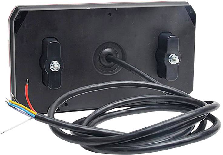 Pohled zezadu na obdélníkové elektronické zařízení se dvěma upevňovacími šrouby a svazkem kabelů zahrnujícím několik barevných vodičů.