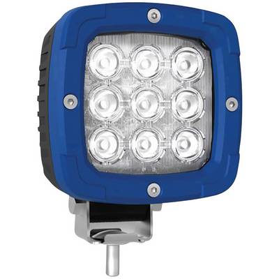 LED pracovní svítidlo s modrým pouzdrem; devět kulatých čoček; stříbrný úchyt dole. Osvětlovací nástroj pro pracovní prostory.