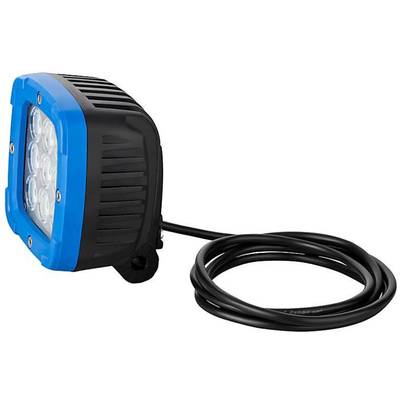 LED pracovní reflektor s modrým rámem a černým tělesem. Má několik čoček na přední straně a dlouhý připojovací kabel.
