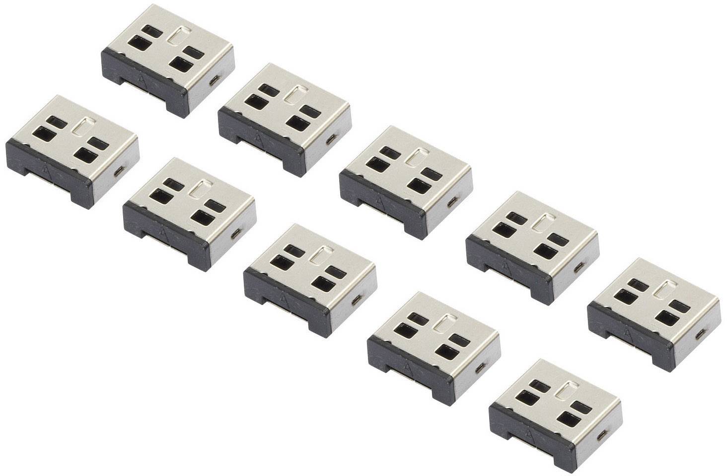 Devět malých USB konektorů leží v mřížce, vždy tři konektory v řadě.