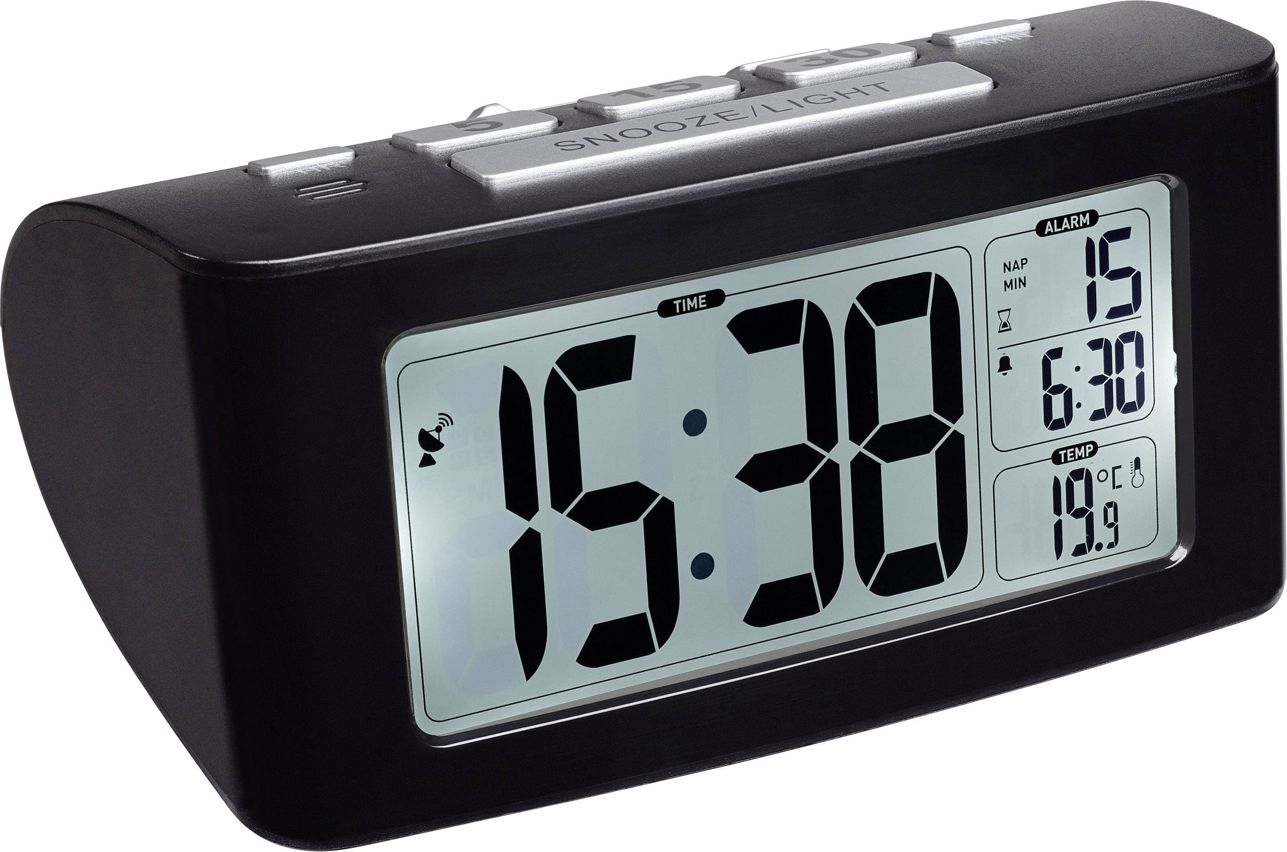 Digitální budík s velkou obrazovkou ukazuje čas 15:38, alarm je nastaven na 6:30 a teplota je 19,9°C.