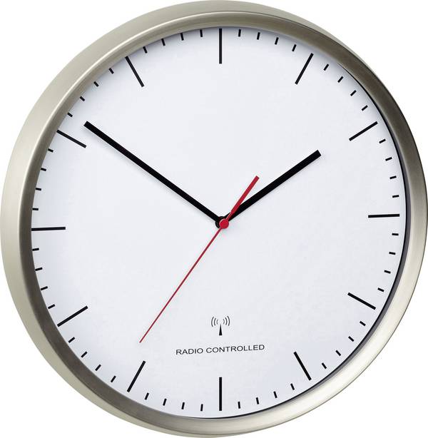 TFA Dostmann 60.3521.02 DCF nástěnné hodiny 30.5 cm x 48 mm, nerezová ocel kartáčovaná, tiché hodiny (bez tikání)