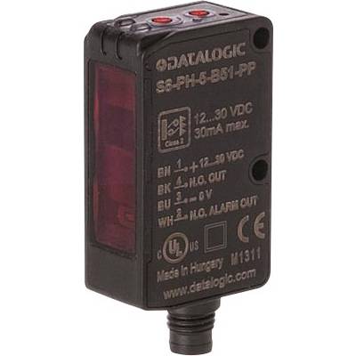 Obdélníkový senzor v černém pouzdře s červeným krytem. Štítek: 'DATALOGIC S8-PH-5-B51-PP' a technické specifikace.