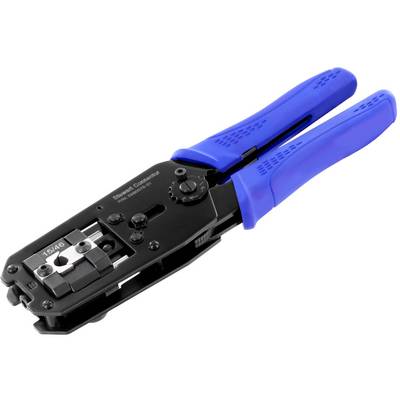 Kleště na krimpování s modrými rukojeťmi, používané pro síťové nebo telefonní kabelové spoje.