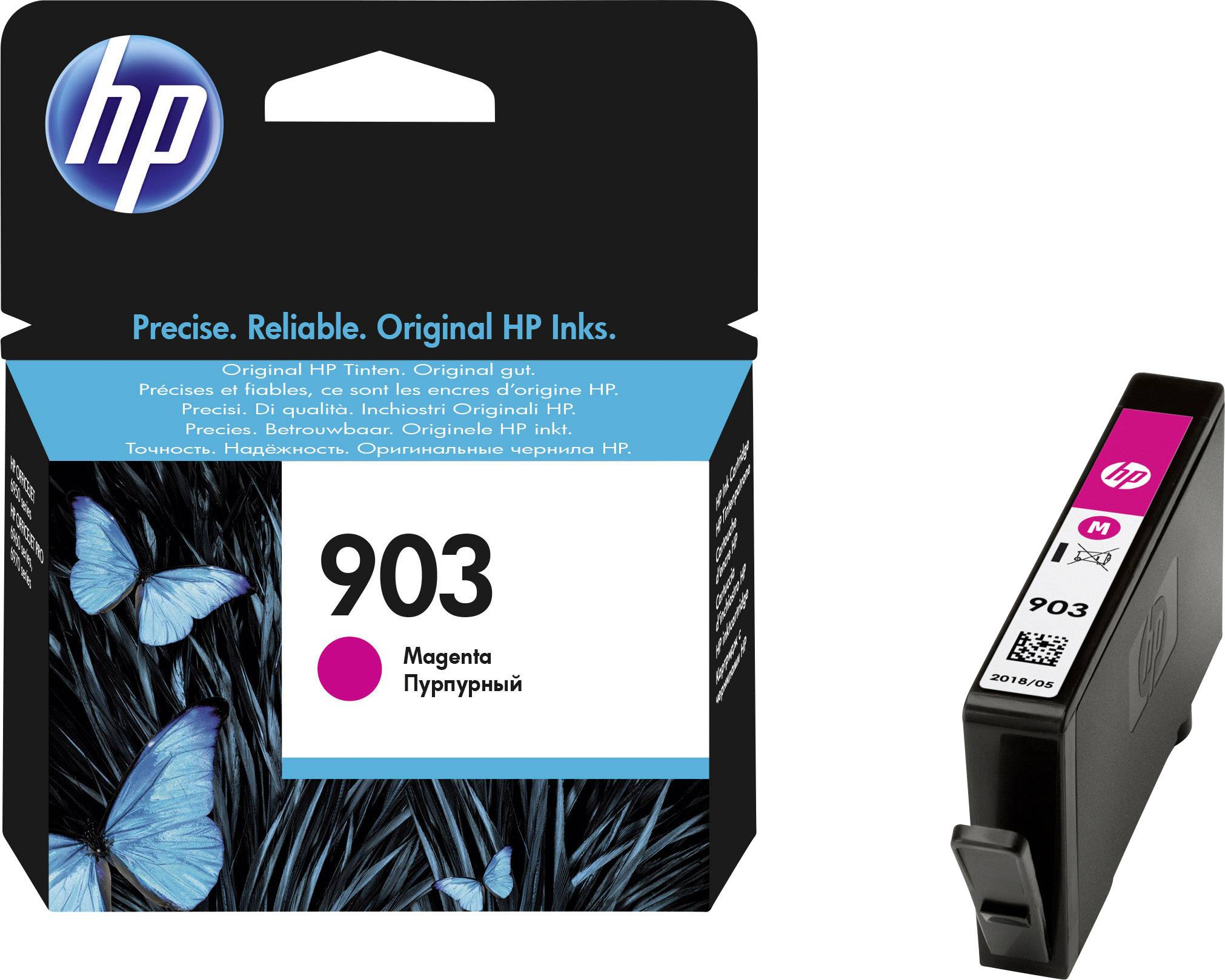 Inkoustová cartridge HP 903 s černou cartridgí a obalem zobrazujícím motýly. Text na obalu: 'Přesné. Spolehlivé. Originální inkousty HP.'