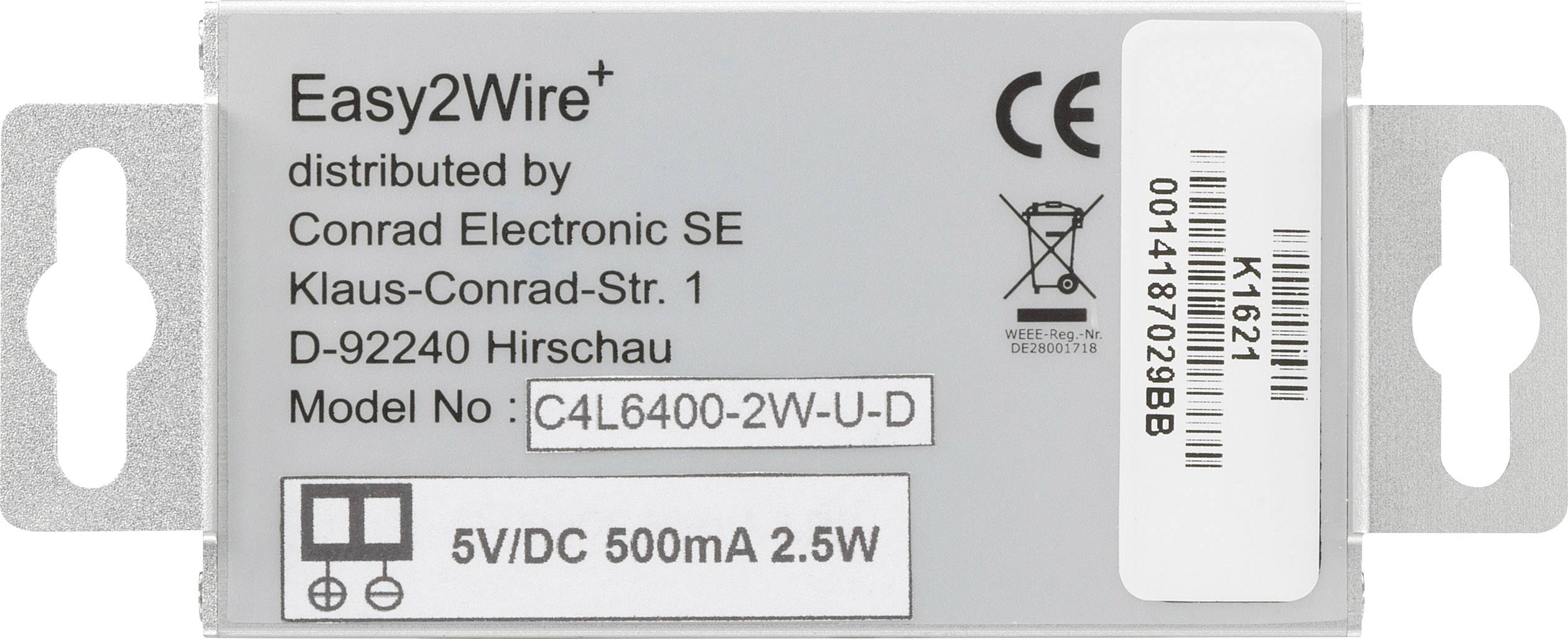 Modul 'Easy2Wire+' pro 5V/DC, 500mA, 2.5W. Vyrobeno společností Conrad Electronic SE, Hirschau. Číslo modelu: C4L6400-2W-U-D.
