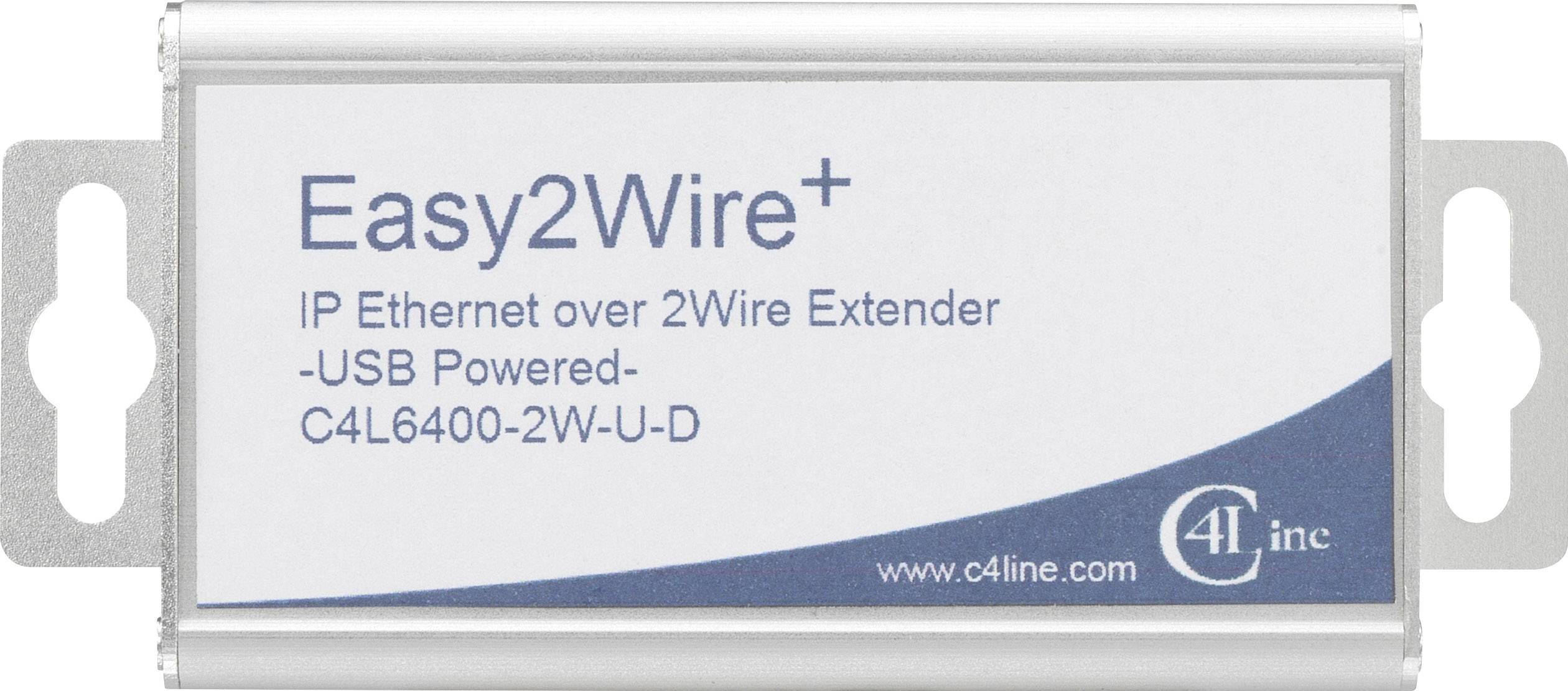 Stříbrné zařízení s nápisem 'Easy2Wire+ IP Ethernet přes 2Wire Extender - Napájení přes USB - C4L6400-2W-U-D' a logem společnosti C4Line.