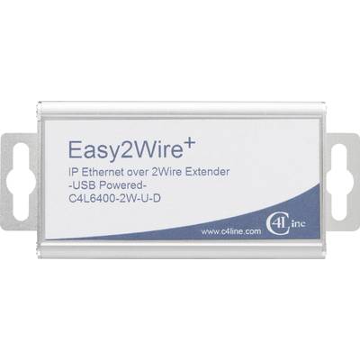 Stříbrné zařízení s nápisem 'Easy2Wire+ IP Ethernet přes 2Wire Extender - Napájení přes USB - C4L6400-2W-U-D' a logem společnosti C4Line.