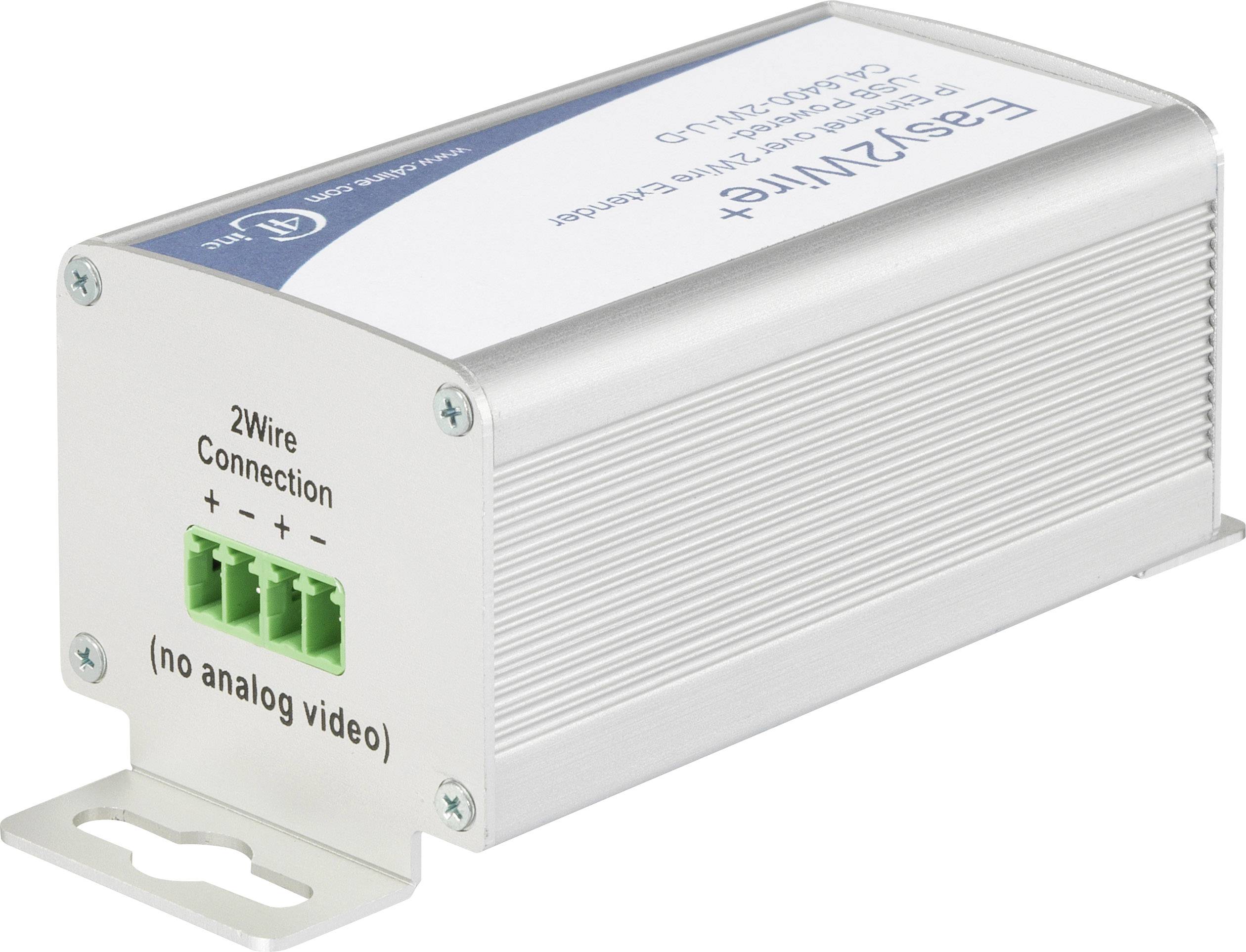 Malé, stříbrné zařízení s nápisem '2Wire Connection (no analog video)'. Disponuje čtyřmi zelenými připojovacími svorkami.