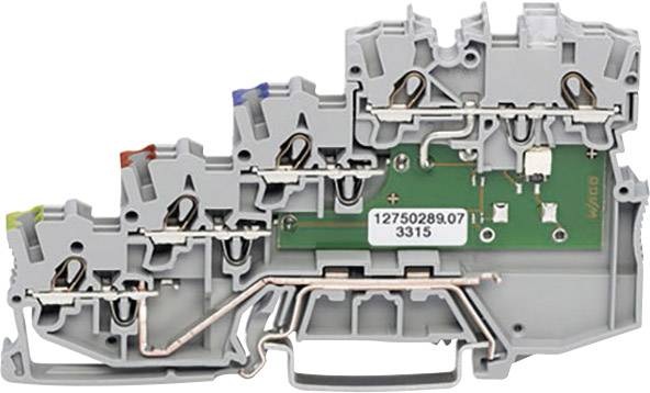 Šedě zelený elektrický obvod svorky zobrazený s několika připojeními a propojovacími prvky.