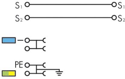 Diagram znázorňuje paralelní vedení S1, S2 a připojovací plán s modrými a žlutými značeními pro uzemnění a ochranný vodič.