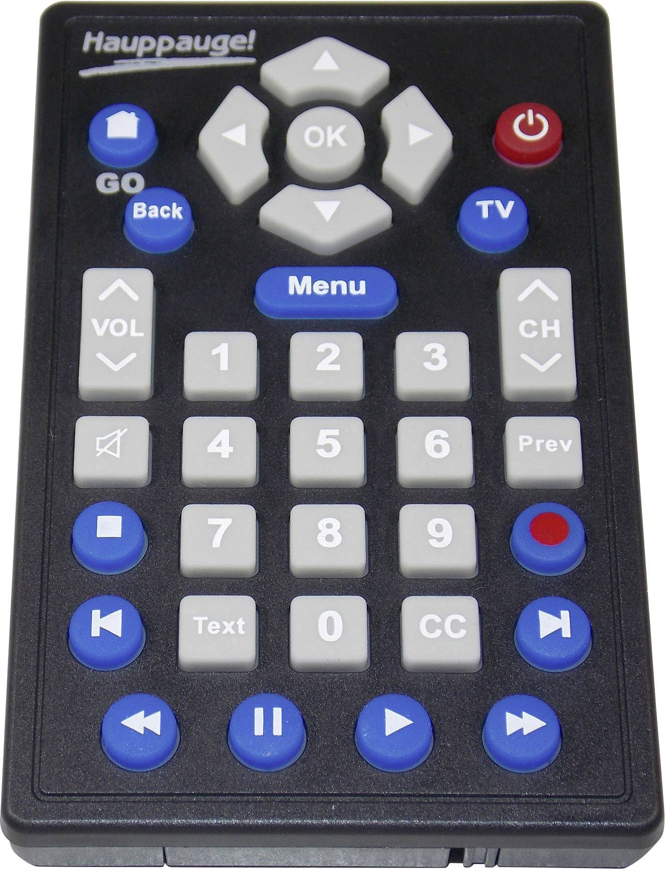Dálkový ovladač s modrými a šedými tlačítky, včetně tlačítek 'Menu', čísel, ovládání hlasitosti, výběru kanálů a tlačítek přehrávání.