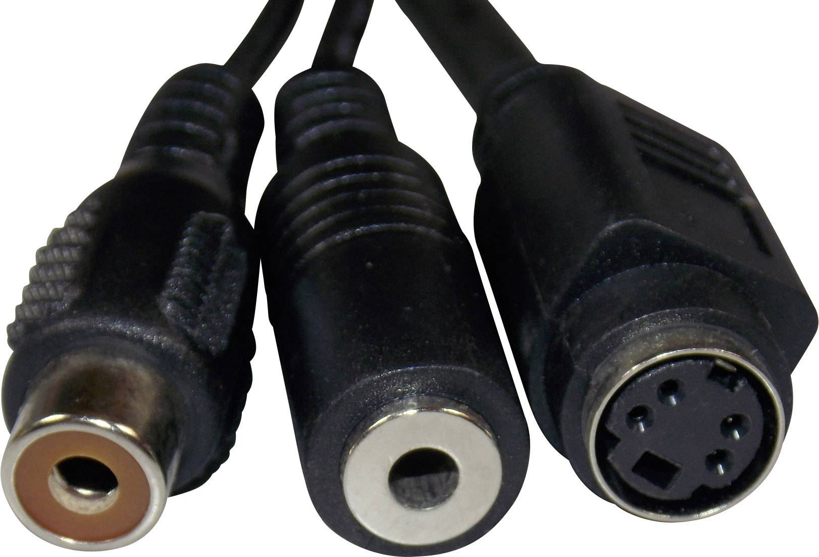 Dva audiokabely s různými konektory: samičkový RCA konektor, samičkový 3,5mm jack konektor a samičí Mini-DIN konektor.