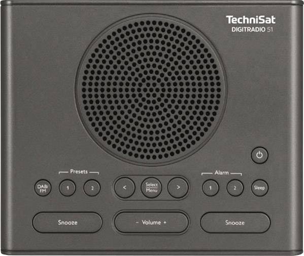 Černobílé rádio s velkými reproduktory a tlačítky pro 'Snooze', 'Alarm' a 'Hlasitost'. Vpravo nahoře je nápis 'TechniSat DIGITRADIO 51'.