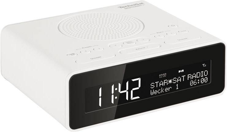 Bílý radiobudík ukazuje 11:42. Na displeji je zobrazeno 'STAR*SAT RADIO' a 'Budík 1' nastavený na 06:00.