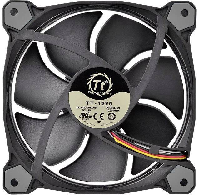 Černý počítačový ventilátor s pěti lopatkami, označený štítkem 'TT-1225'. Obsahuje technické specifikace.