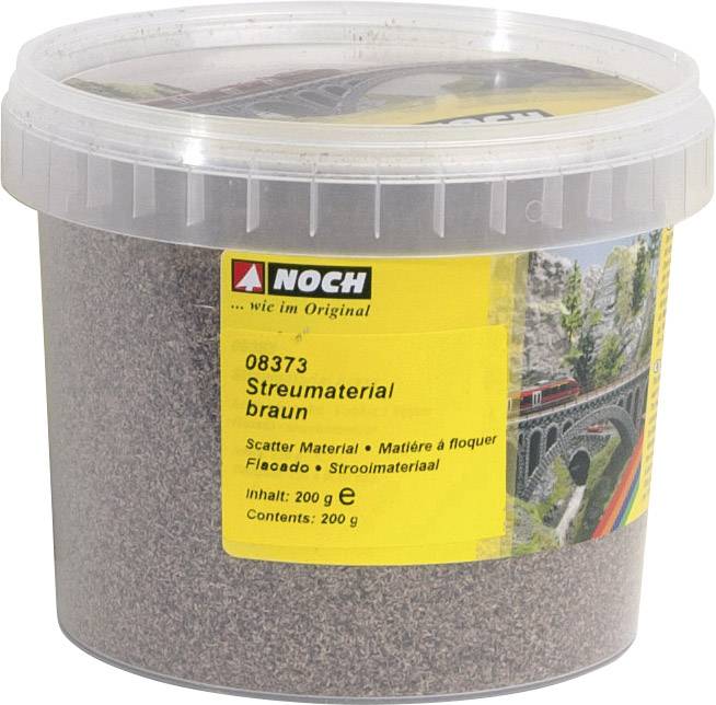 Plastový kontejner s nápisem „Sypký materiál hnědý", 200 g. Na etiketě je zobrazena krajina s železnicí.