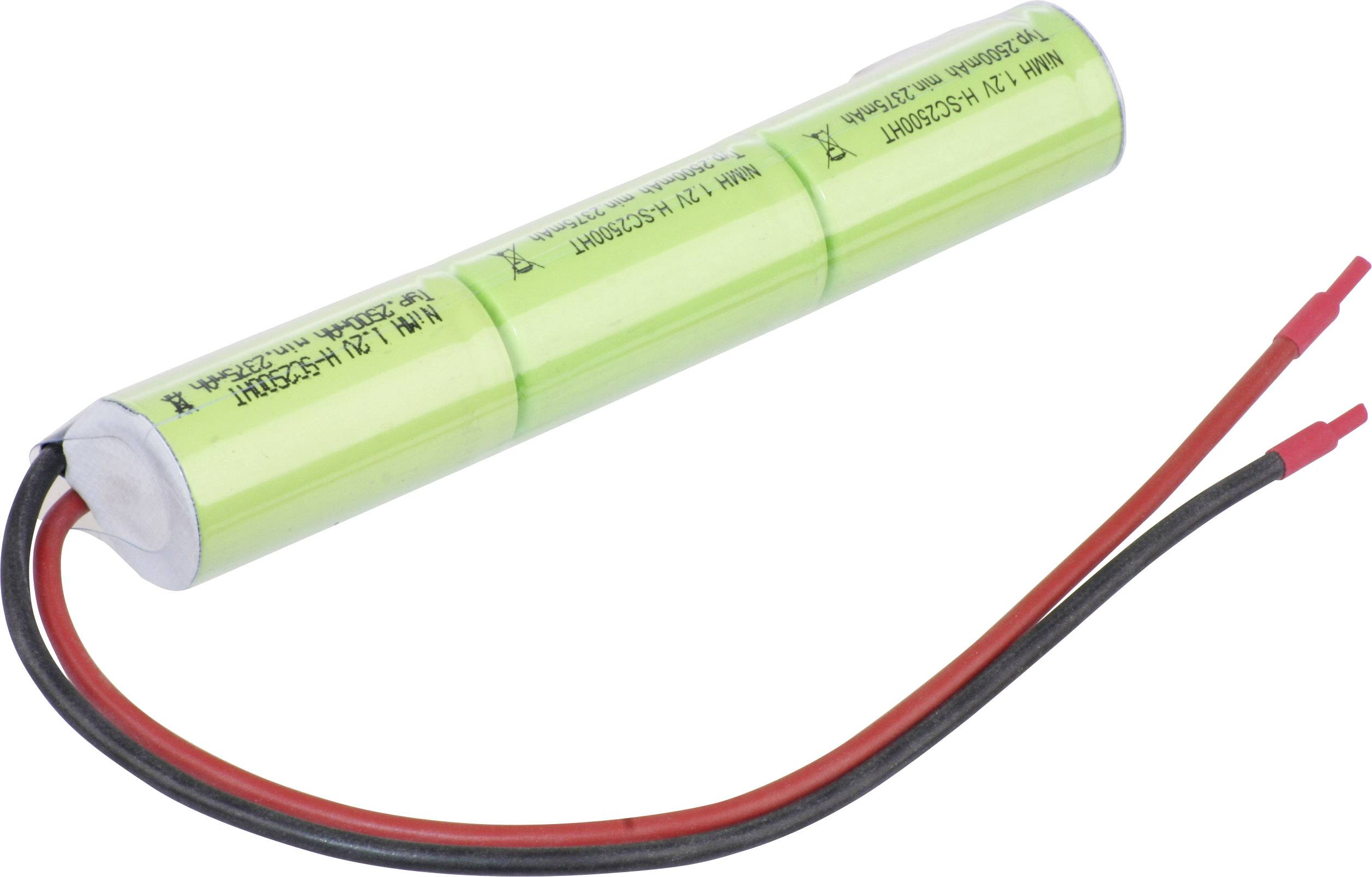 NiMH 2,4V 1450mAh zelený akumulátorový válec se dvěma připojenými černými a červenými vodiči.