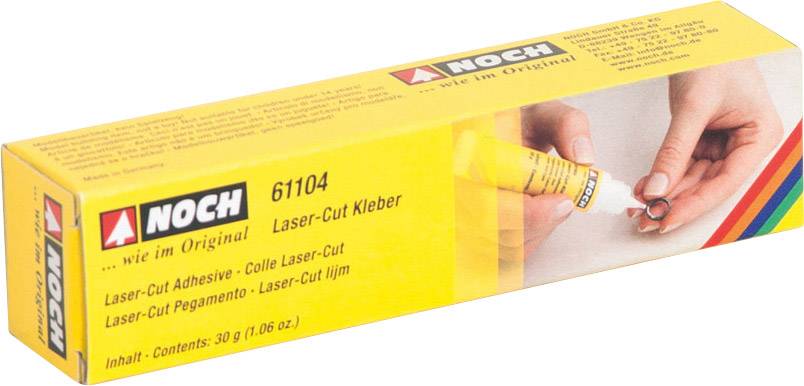 Žlutý obal lepidla pro laserové řezání od firmy NOCH, obrázek ukazuje ruce při lepení modelu. Obsahuje 30g.