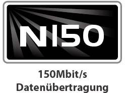 Logo s nápisem 'N150', pod ním text '150Mbit/s přenos dat' na pozadí s černými pruhy.