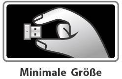 Ruka drží USB flash disk mezi palcem a ukazovákem s textem "Minimální velikost" pod ním.