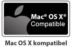 Obrázek loga s textem 'Kompatibilní s Mac OS X' na černém pozadí s šedým logem Apple.