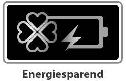 Čtyřlístek a šipka blesku vedle symbolu baterie, pod nimi slovo 'Úsporný'. Symbolizuje energetickou účinnost.