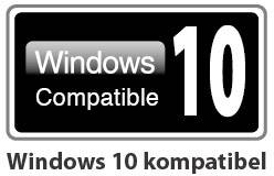 Černobílý samolepicí štítek s nápisem 'Windows 10 compatible', signální slovo 'Windows 10 kompatibilní' uvedené níže.